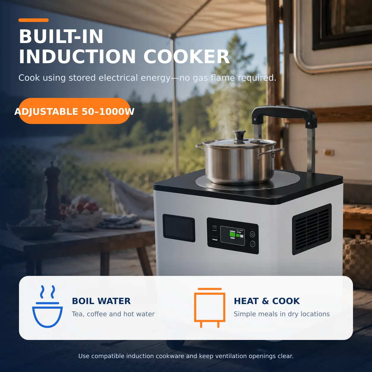 Portable Power Station with Built-in 50W–1000W Induction Cooker