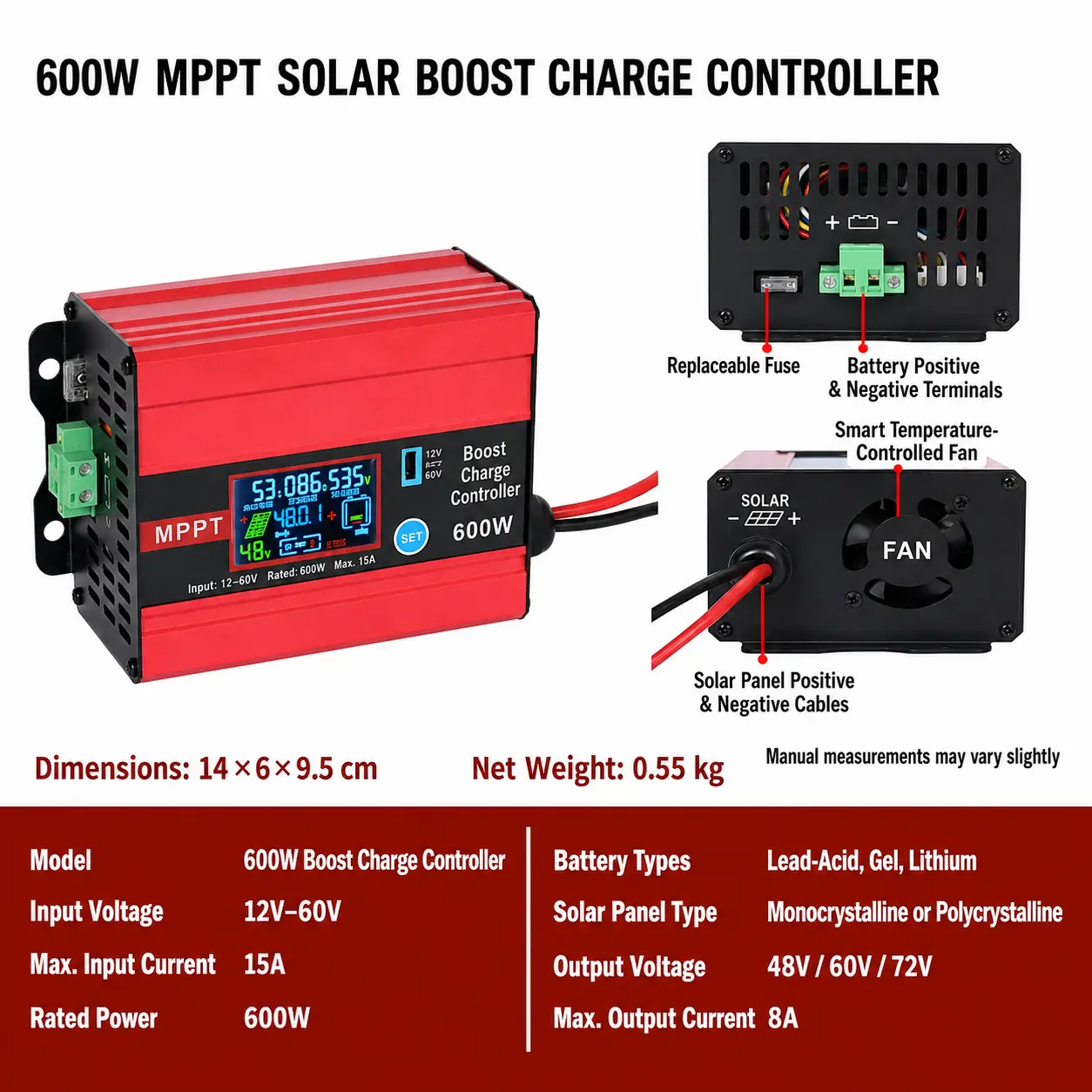 600W MPPT Solar Boost Charge Controller