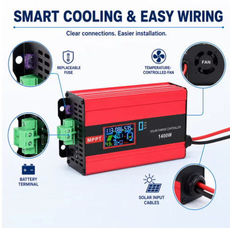 MPPT Buck Solar Charge Controller Cooling Fan and Wiring